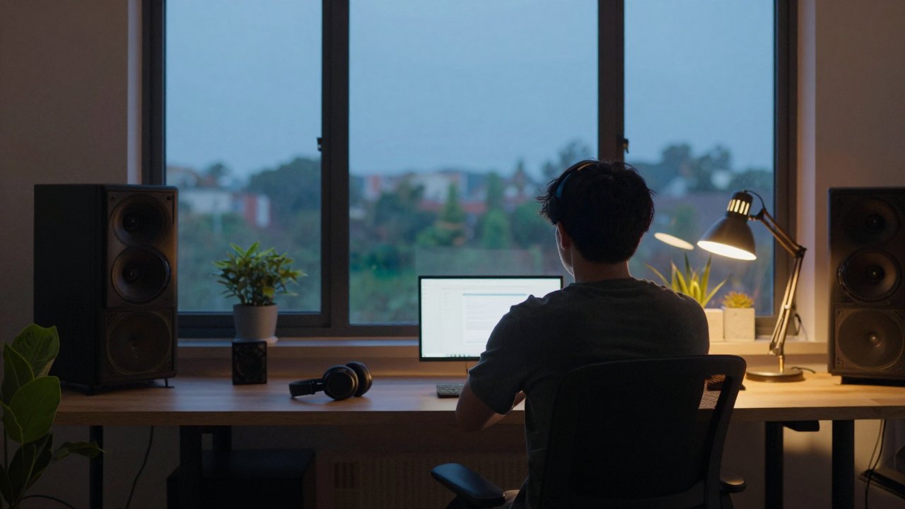 Person seen from behind in a dusk-lit home studio with headphones and a closed laptop