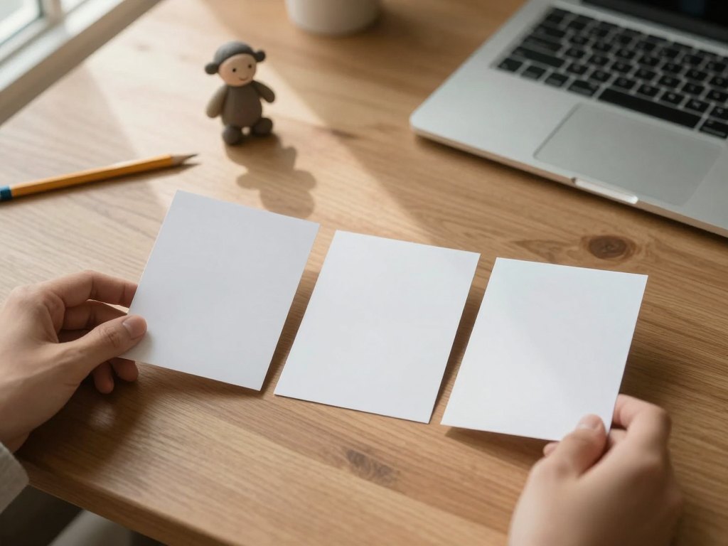 Hands arranging blank storyboard cards beside a clay figurine and closed laptop on a wooden desk