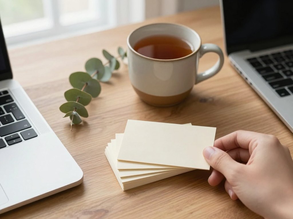 Hand adding a blank card to a stack on a tidy wooden desk