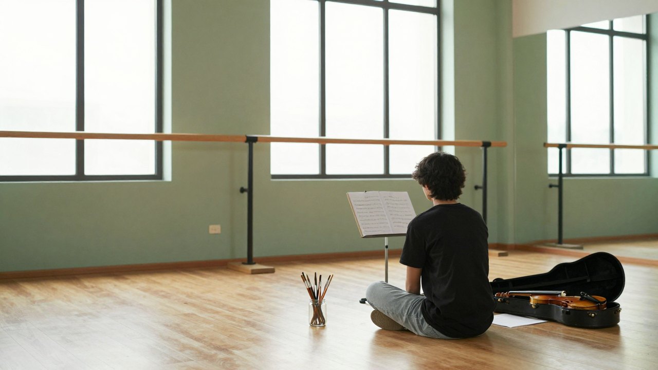 Creative studio with barre, brushes and violin case seen from behind a seated person
