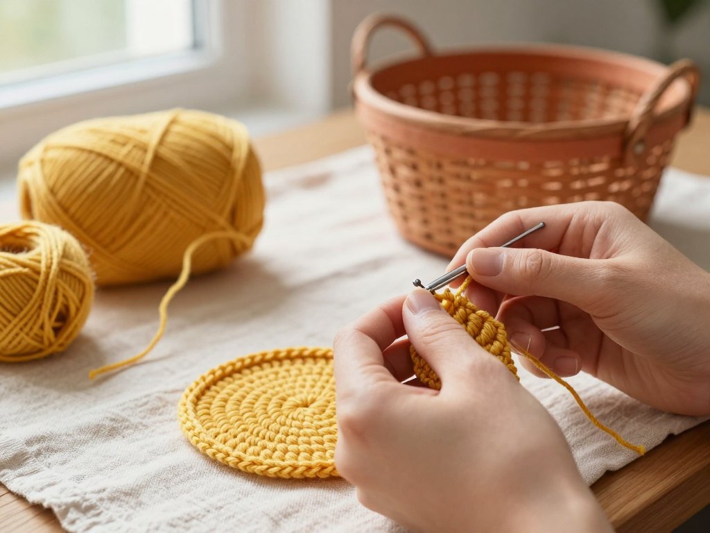 Hands crocheting a small yellow round piece beside a finished basket and yarn balls