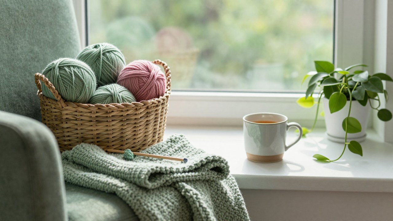 Cozy corner with basket of yarn, crochet hook, blanket, tea mug and plant by a window