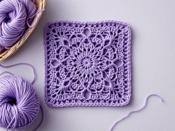 Lilac crocheted lace motif next to balls of purple yarn and a wicker basket