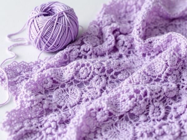 Lilac crocheted lace fabric with floral motifs and a ball of purple yarn