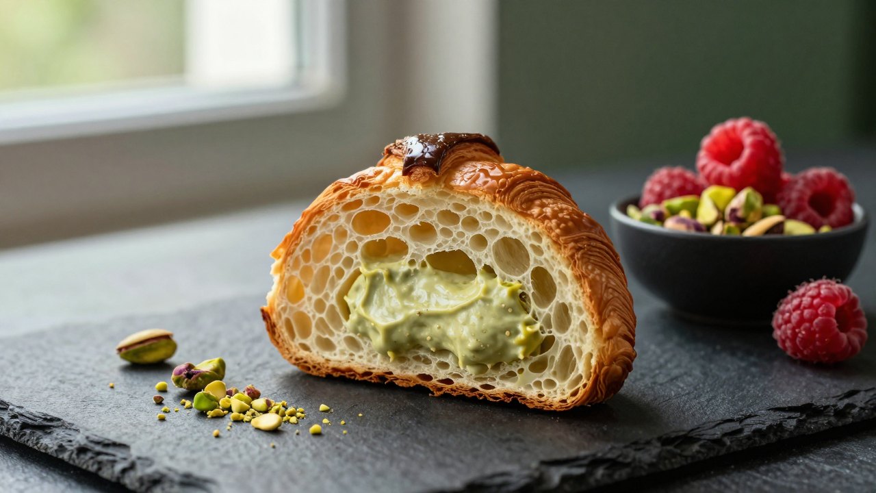 Halved croissant with green pistachio filling beside raspberries and crushed pistachios on slate