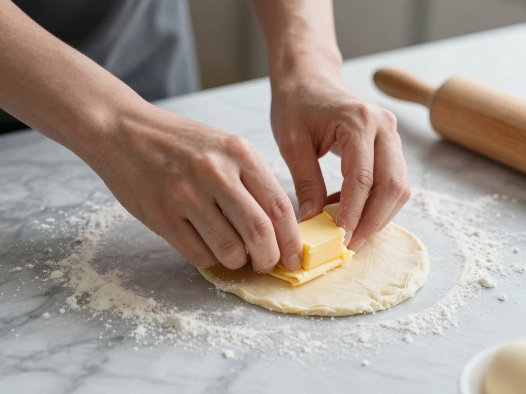 Floured hands folding layered croissant dough on a marble worktable beside a rolling pin