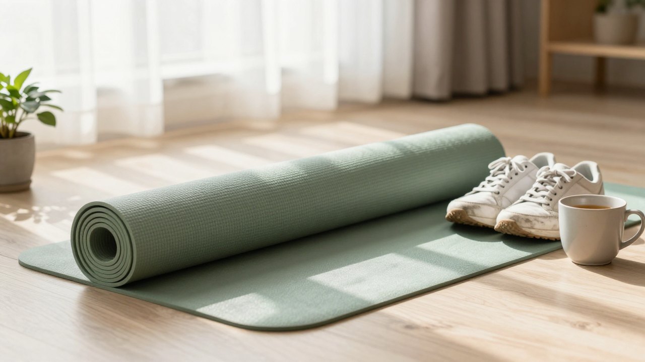 Rolled yoga mat, sneakers and a mug of tea on a wooden floor in morning light