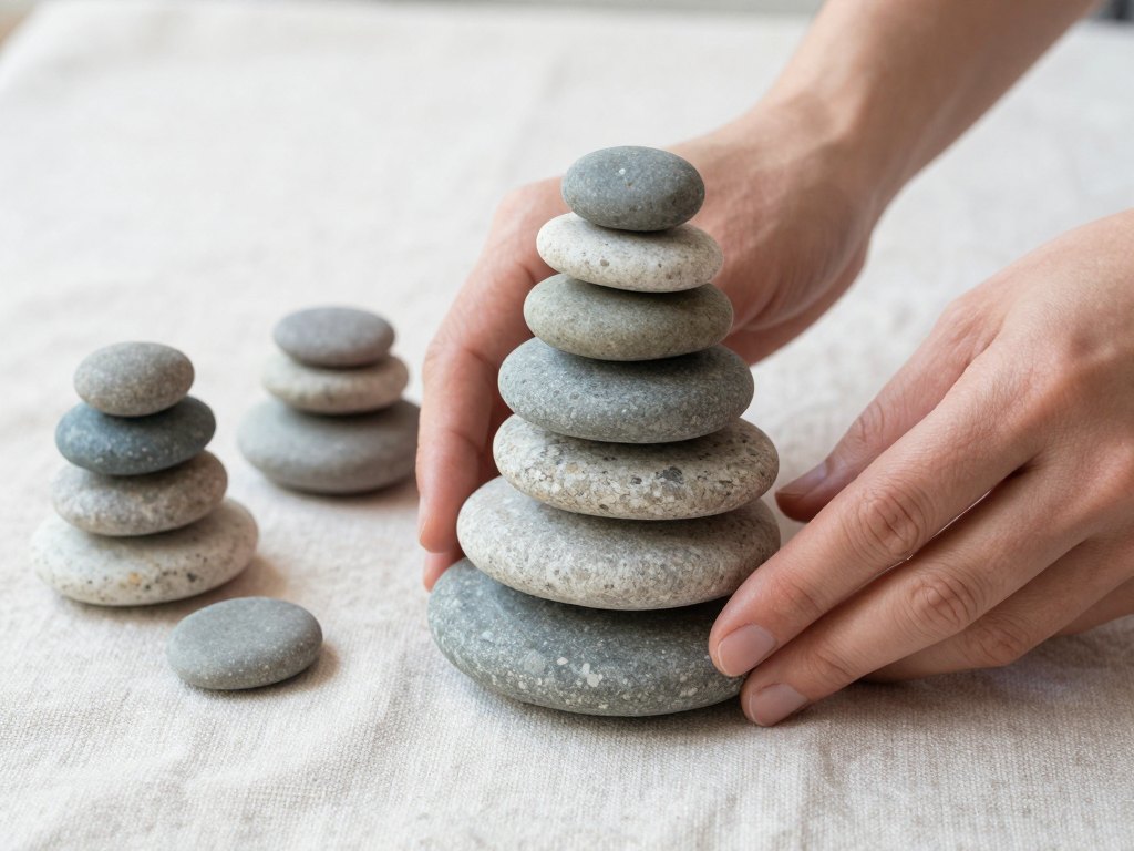 Hands balancing smooth stones into a small stack on a linen cloth