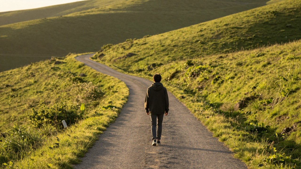 Person seen from behind walking a quiet path through green hills at dusk