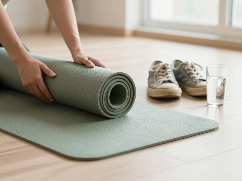 Hands resting on a rolled yoga mat next to canvas sneakers and a glass of water