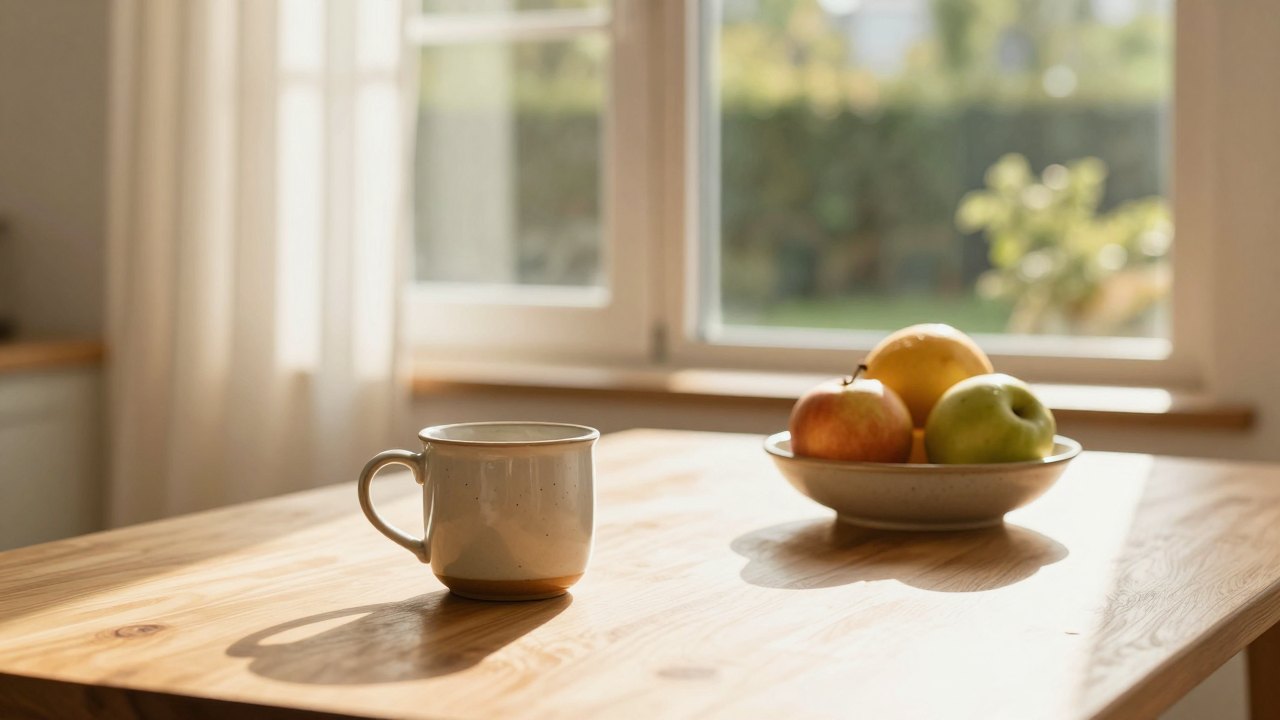 Sunlit kitchen table with tea mug and fruit bowl beside an open window