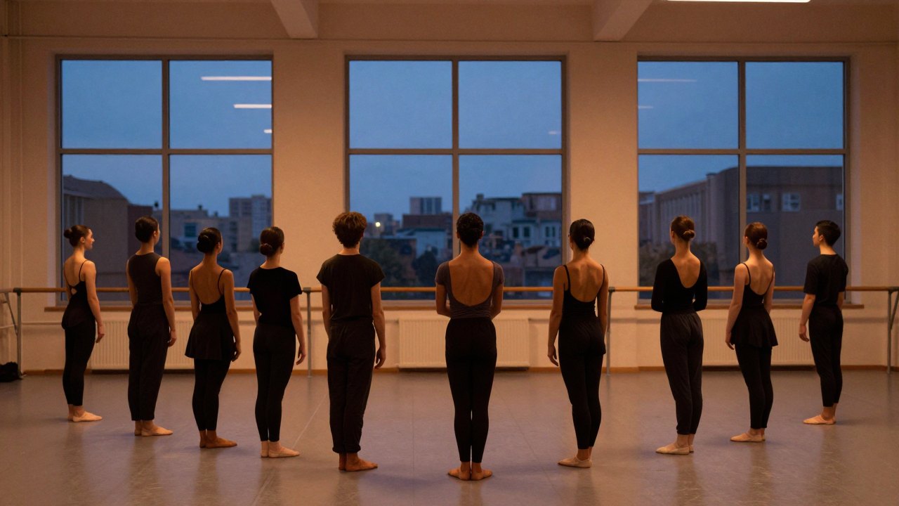 Group of dancers seen from behind standing in a studio at dusk