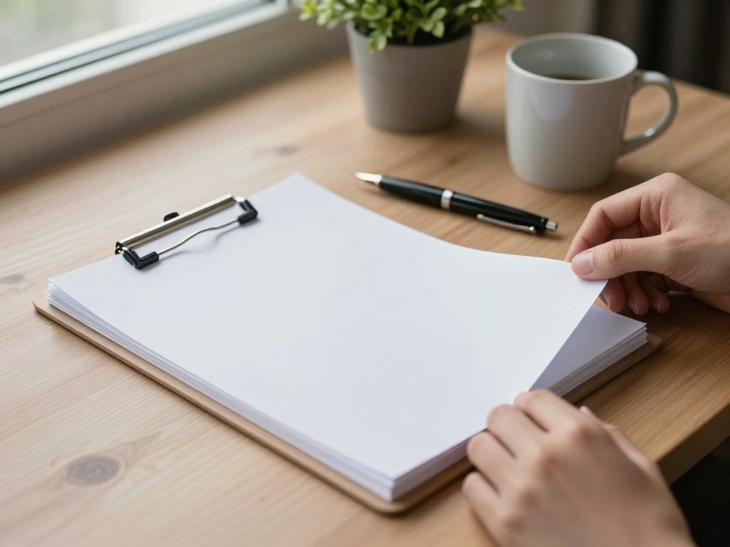 Hands arranging blank paper sheets on a tidy wooden desk with pen and clipboard