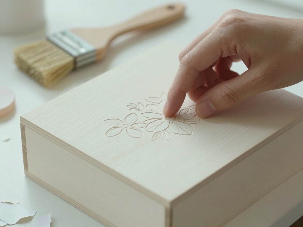 Hand smoothing a floral paper cutout onto a painted wooden box with a brush