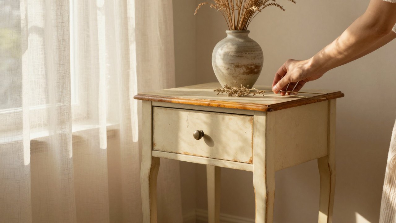 Aged-finish decoupage side table with a vase of dried grasses beside a window