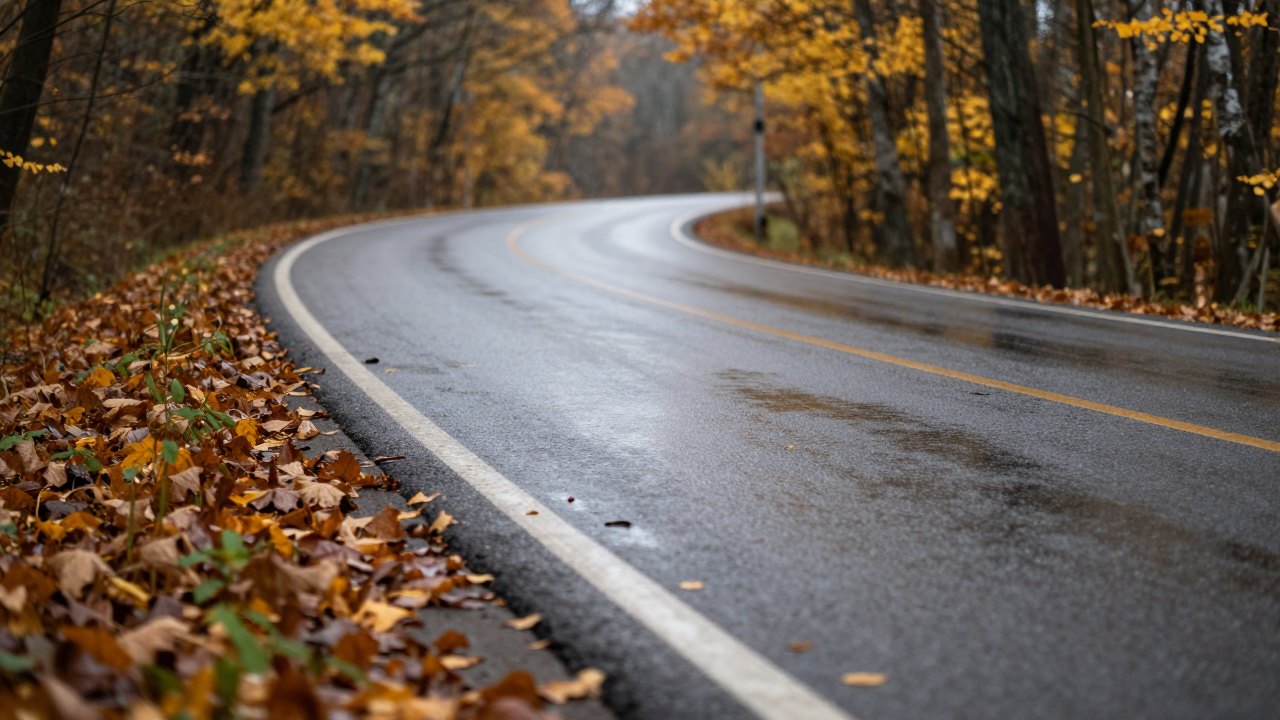 Empty wet country road curving through autumn forest with faint tyre tracks on the asphalt