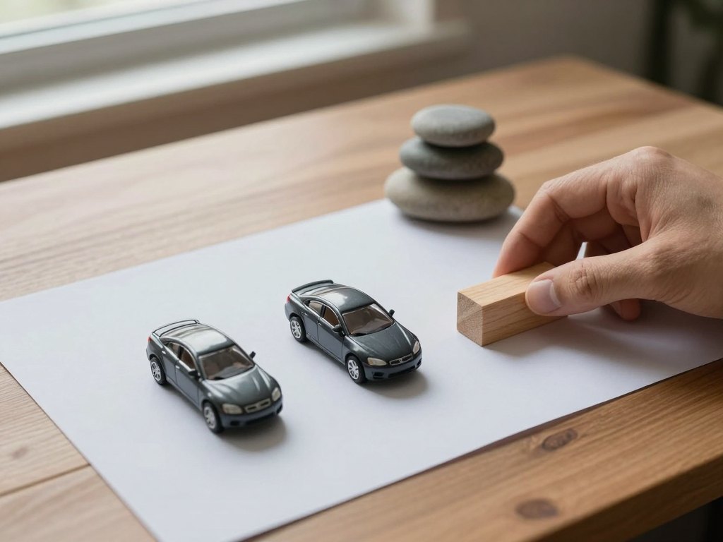 Hand arranging small model cars and wooden blocks on grey paper to illustrate spacing between vehicles