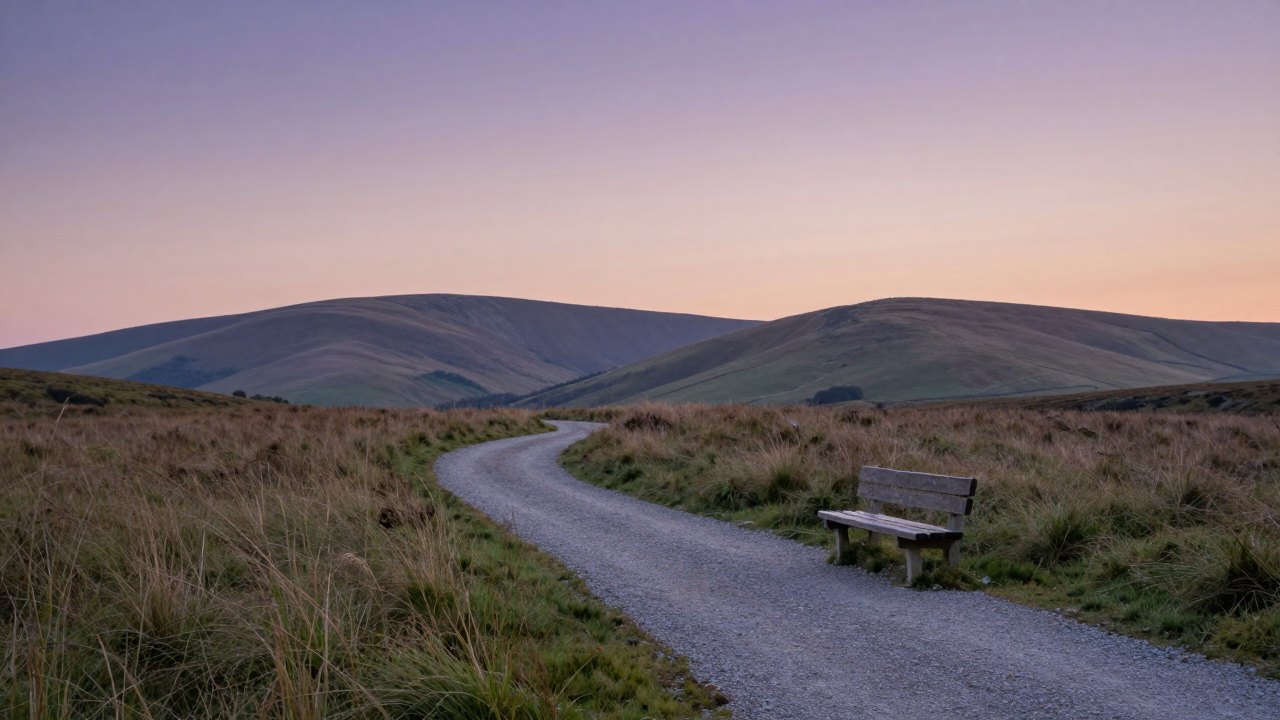 Gravel path through meadow toward distant hills at dusk with an empty wooden bench
