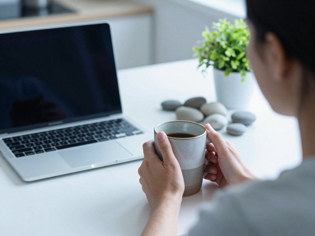 Person seen from behind at a kitchen table with a mug, closed laptop and river stones