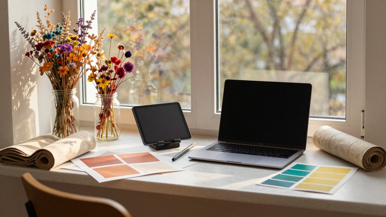 Sunlit studio shelf with stylus, dried flowers and painted colour swatches in warm tones