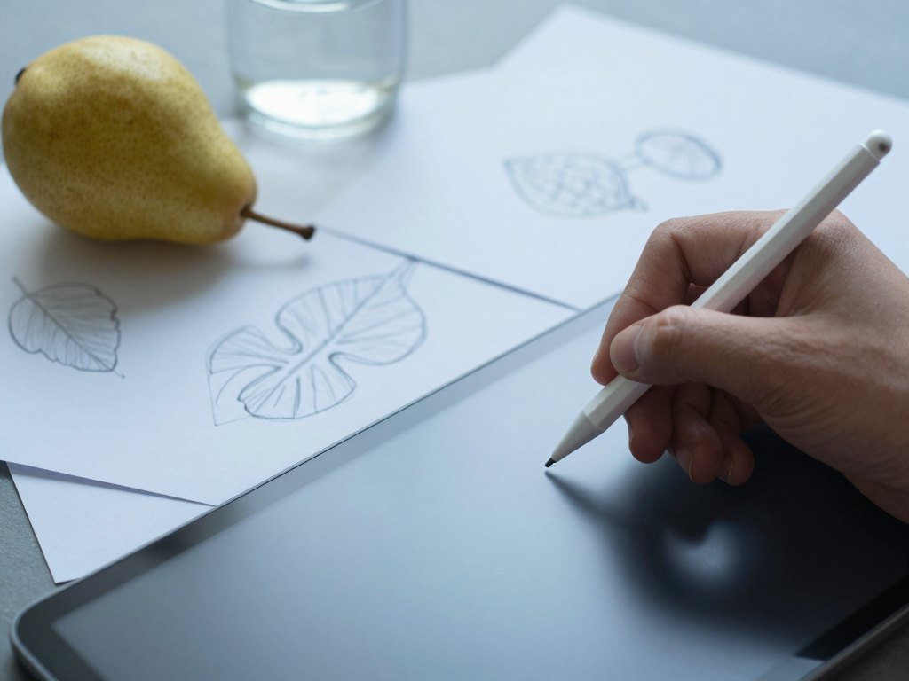 Hand with stylus over a tablet beside paper sketches, a pear and a glass jar