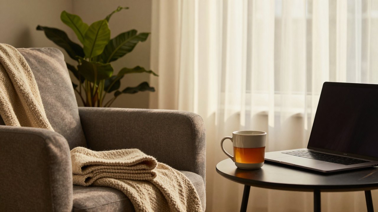 Armchair by a sunny window with tea, blanket and closed laptop