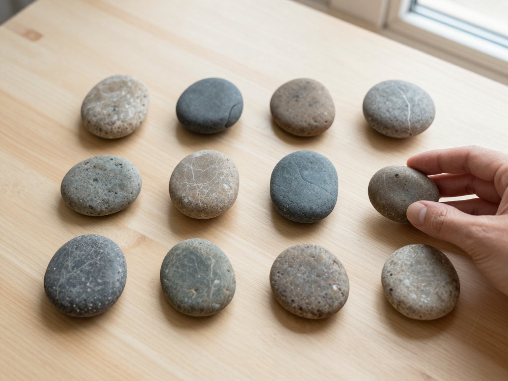Hand picking one stone from a collection of varied river stones on a table