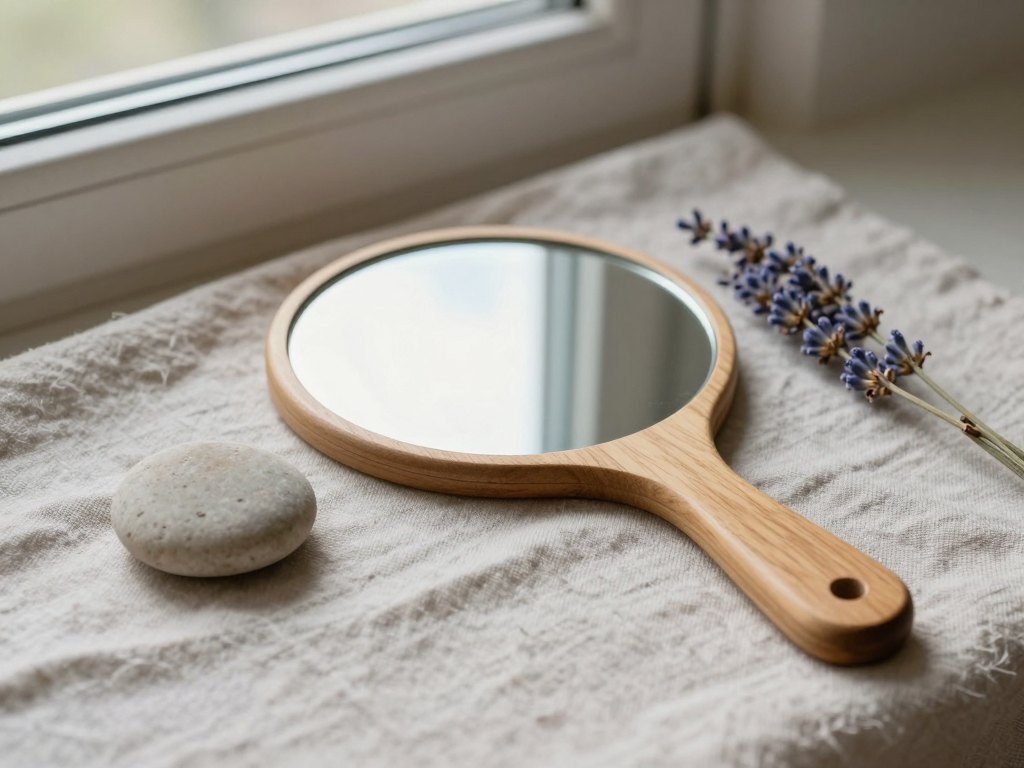Hand mirror on linen cloth beside a smooth stone and dried lavender in soft window light