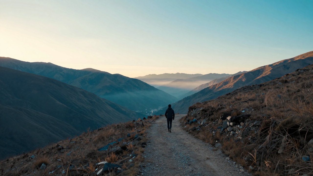 Distant hiker seen from behind walking a mountain path toward a misty valley at dawn