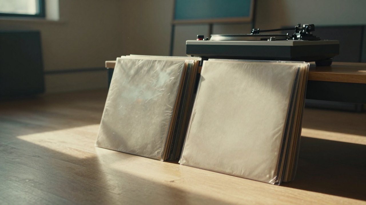 Plain vinyl record sleeves and a turntable in a sunlit empty rehearsal room