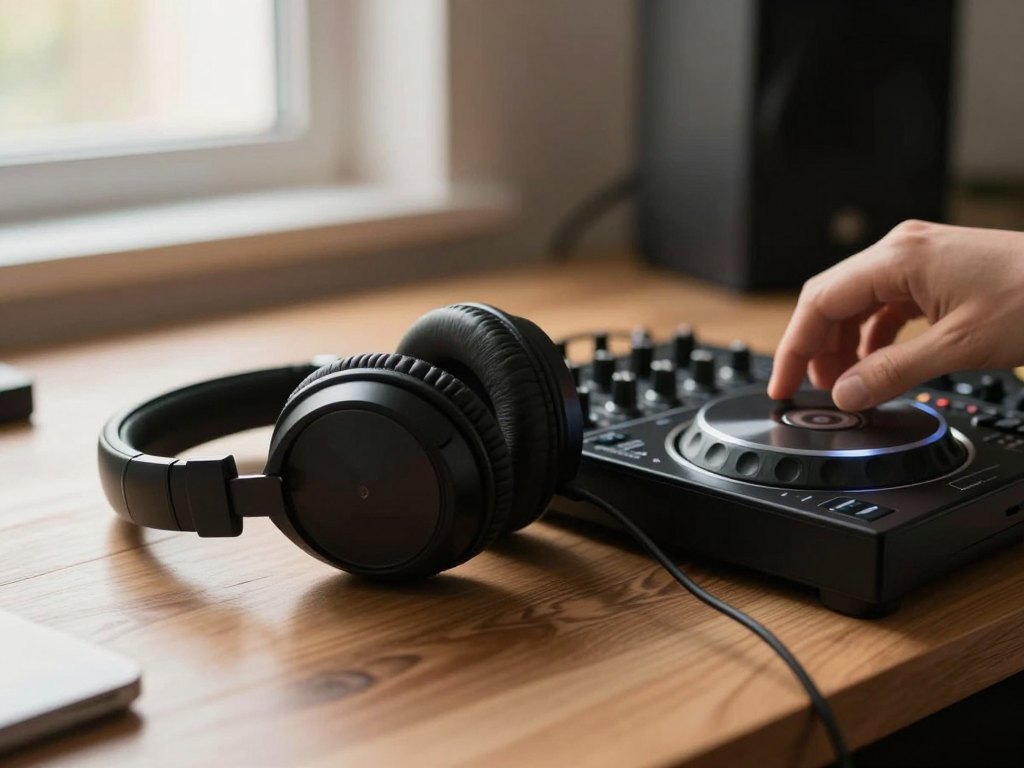 Hand turning a jog wheel on a small DJ controller next to headphones on a wooden desk