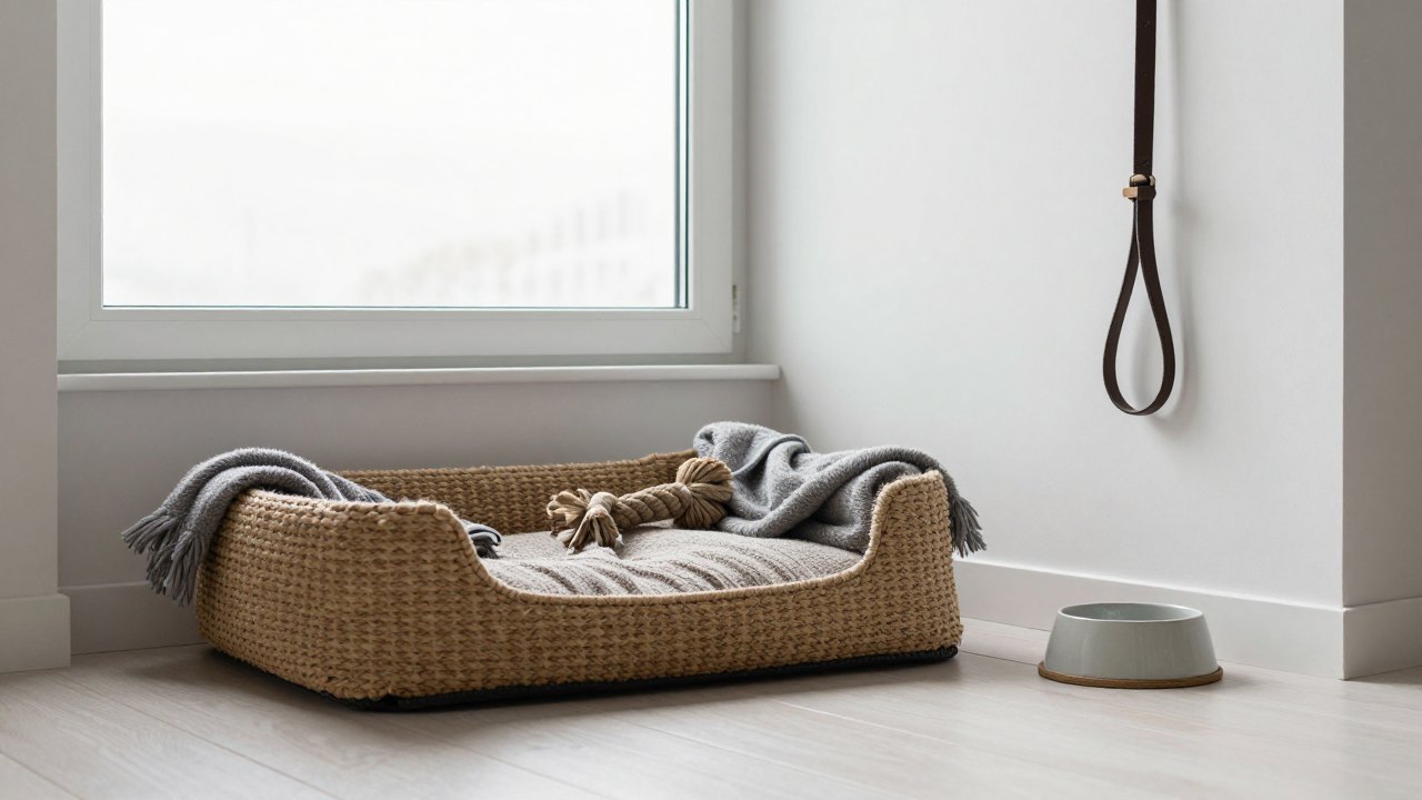 A calm corner of a home with a dog bed, rope toy, leash and water bowl