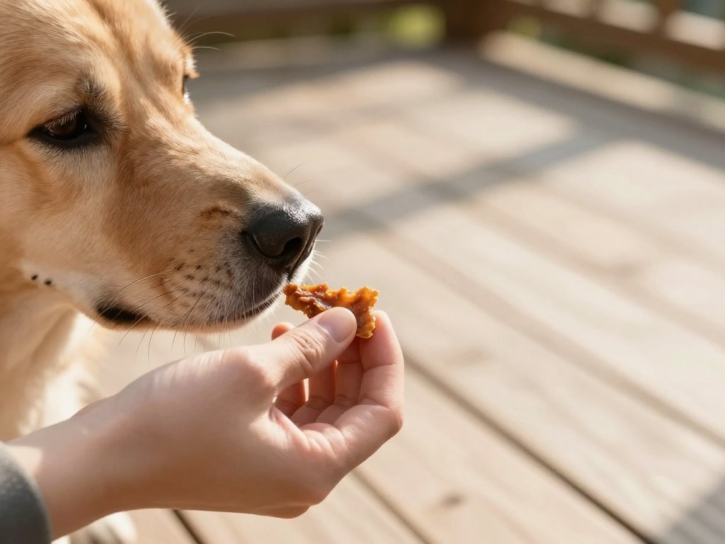 A hand offers a small treat to a dog's muzzle on a sunlit wooden deck