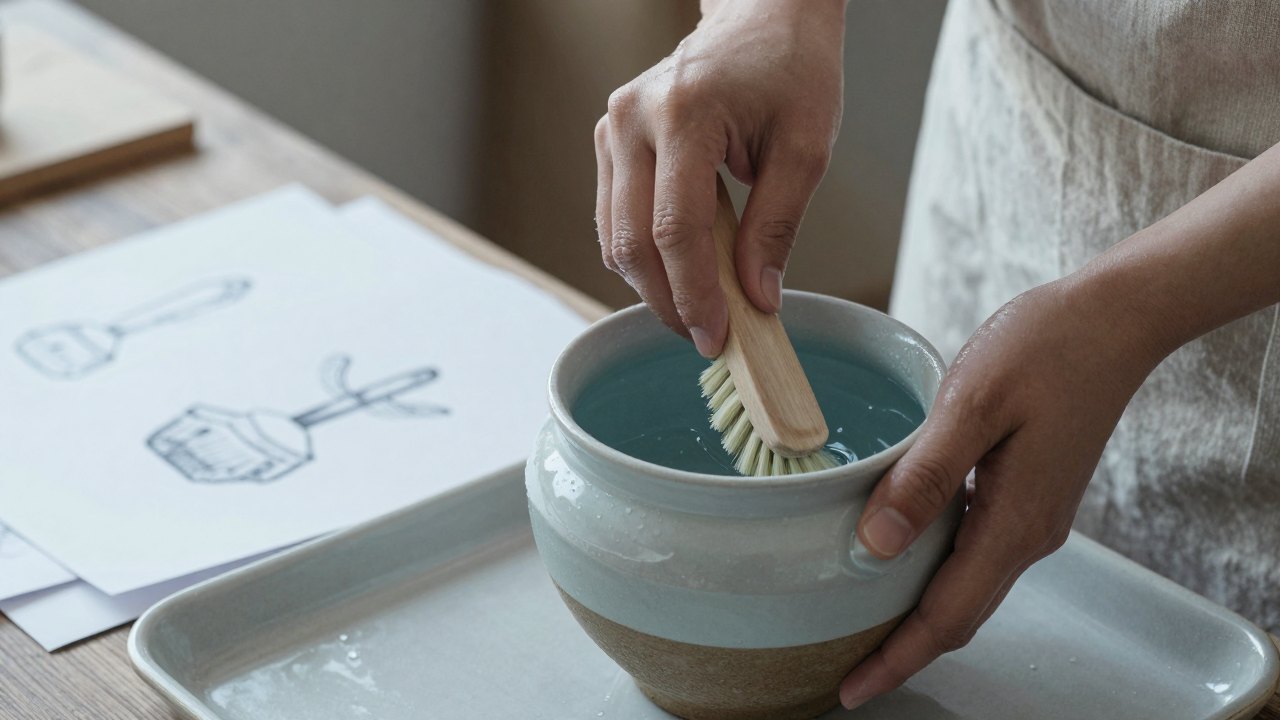 Hands rinsing a brush in a water jar beside blank sketch sheets drying on a table