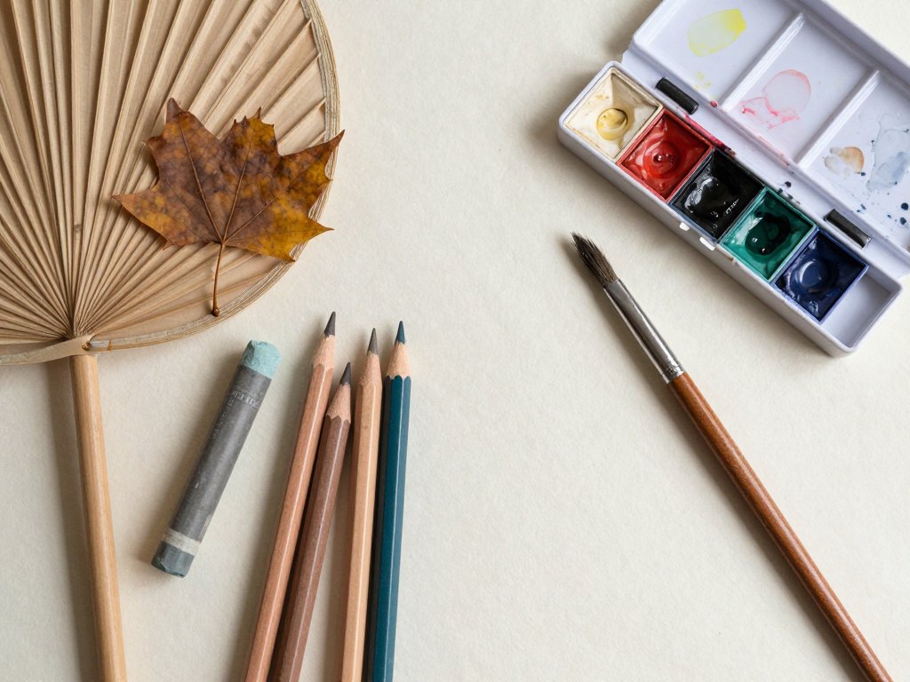 Oil pastels, coloured pencils, watercolours and autumn leaves arranged on textured paper