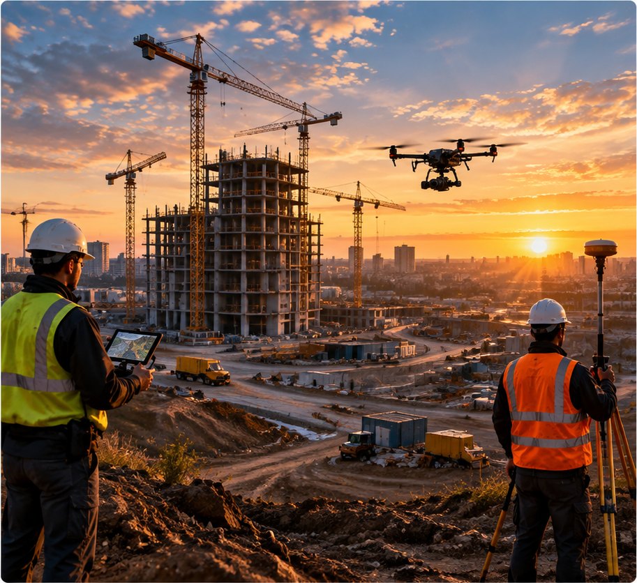 Surveyors and a drone at a busy construction site with cranes at sunset