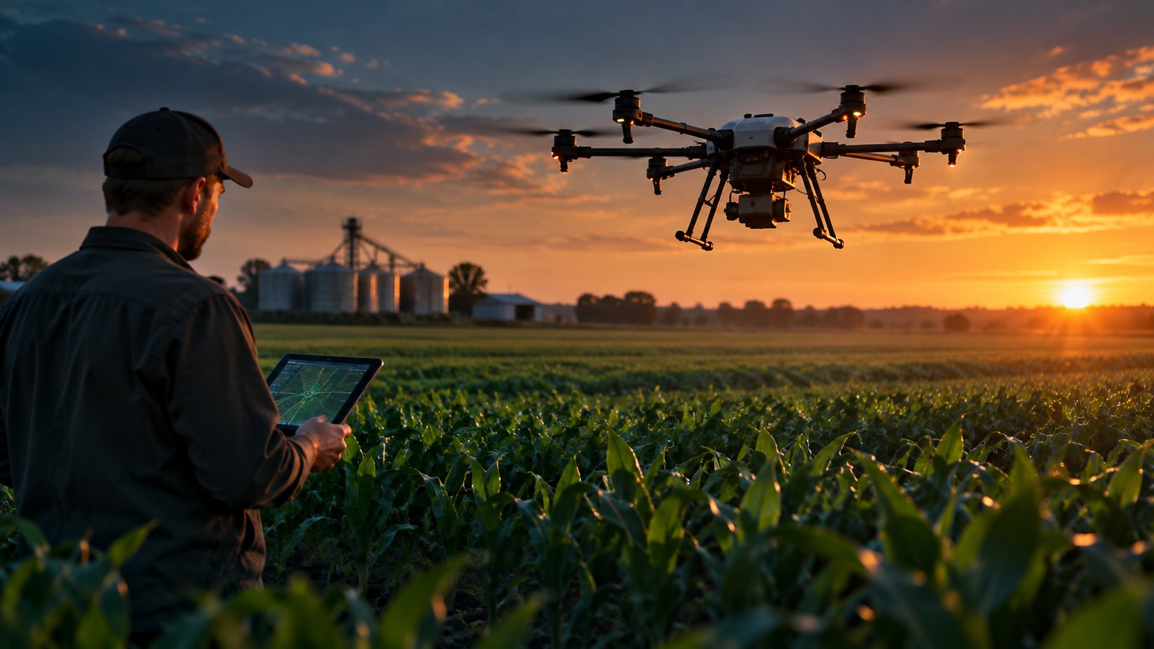 Farmer with a tablet watching an agricultural drone over a cornfield