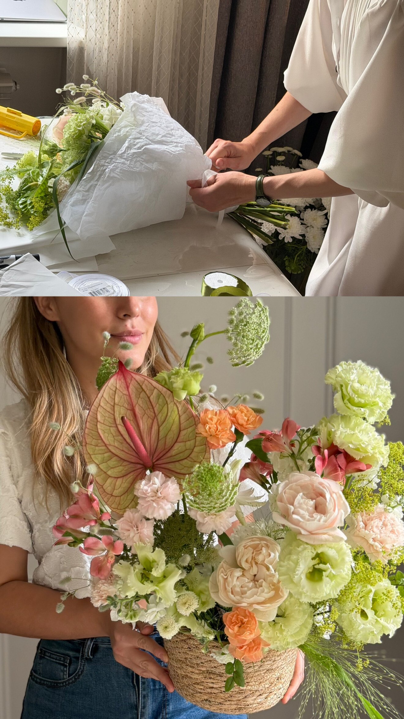 Hands wrapping a bouquet in paper above a woman holding a flower basket arrangement with anthurium