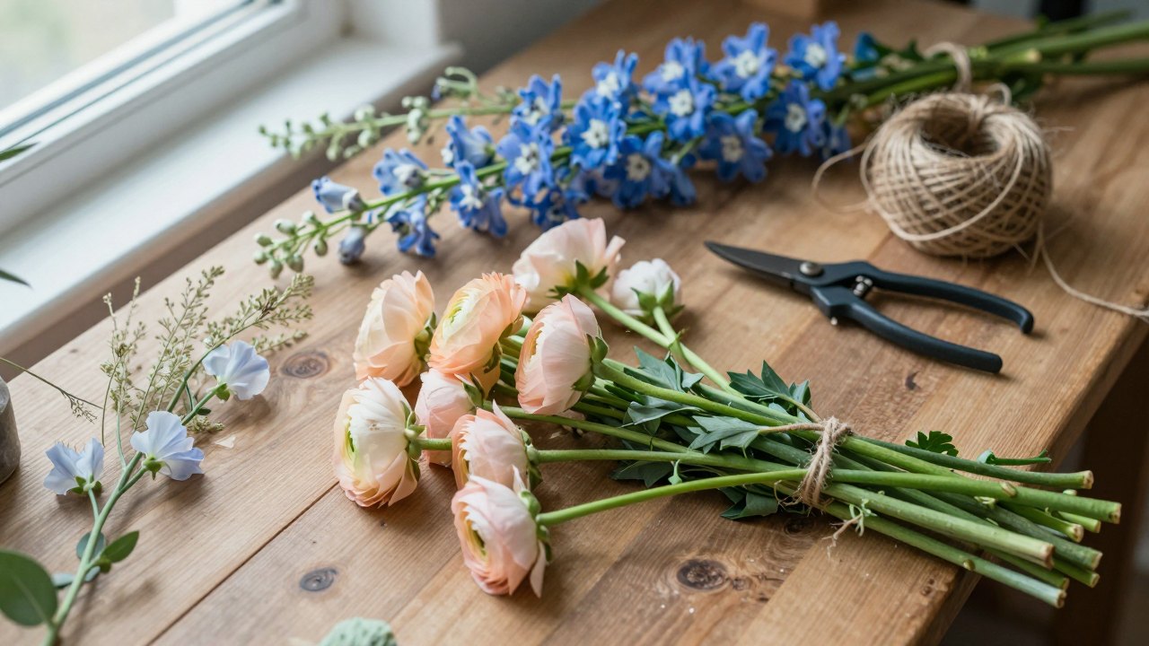 Cut flower stems, grasses and pruning snips arranged on a wooden workbench seen from above