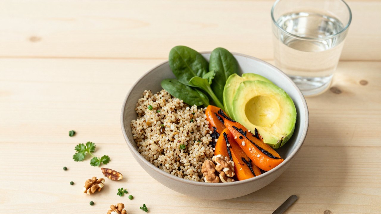 Bowl of quinoa with roasted vegetables and avocado on a wooden table