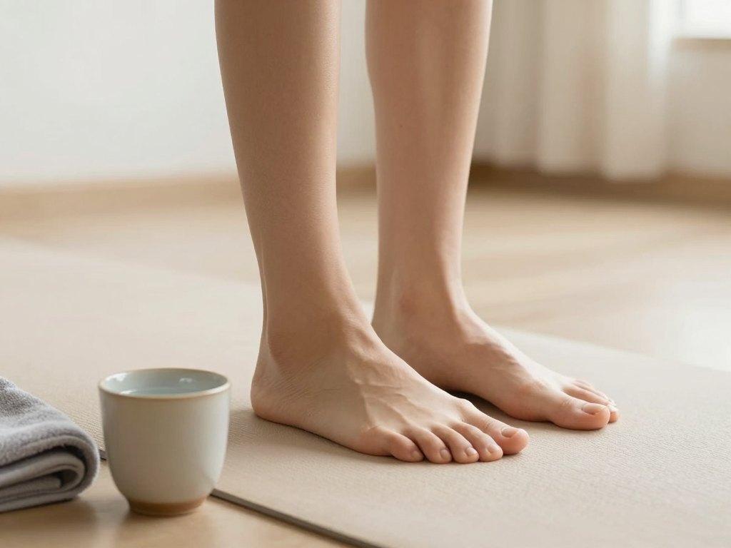 Bare feet on an exercise mat with a cup of water and towel nearby