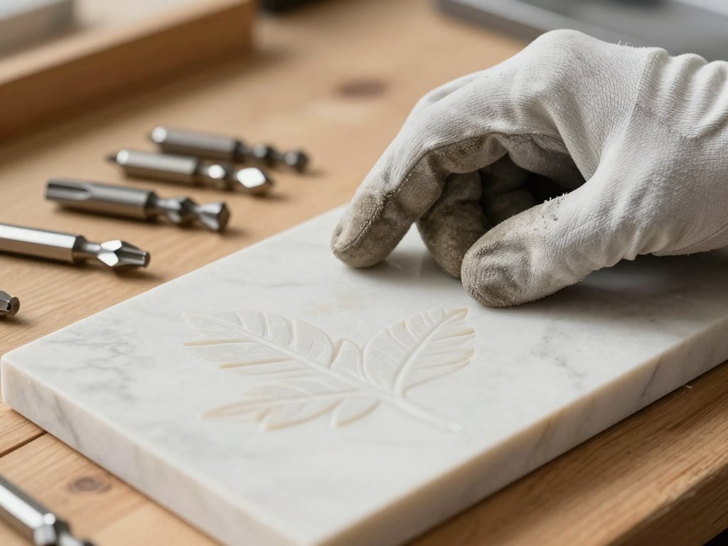 Gloved hand on a carved marble relief sample beside several milling bits