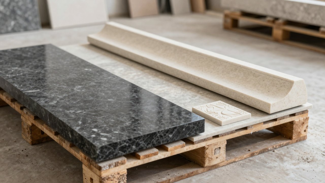 Finished countertop panel, profiled sill and relief tile resting on a workshop pallet
