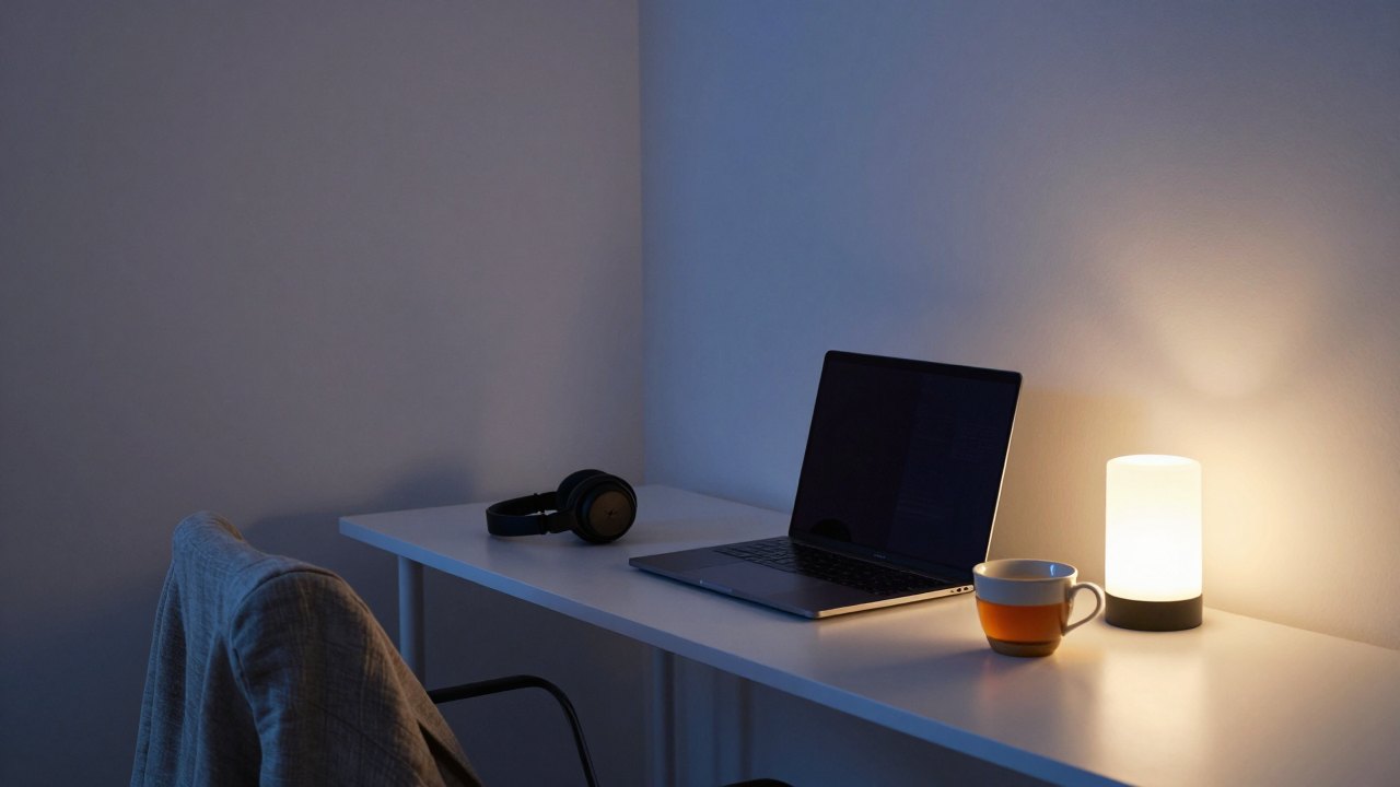Quiet home workspace with closed laptop, headphones, jacket on chair and lamp at dusk