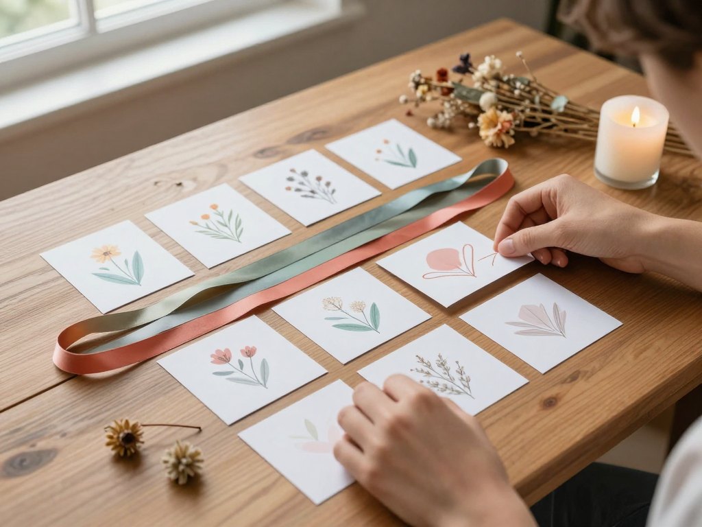 Hands arranging blank cards, ribbons, candle and dried flowers on a wooden table