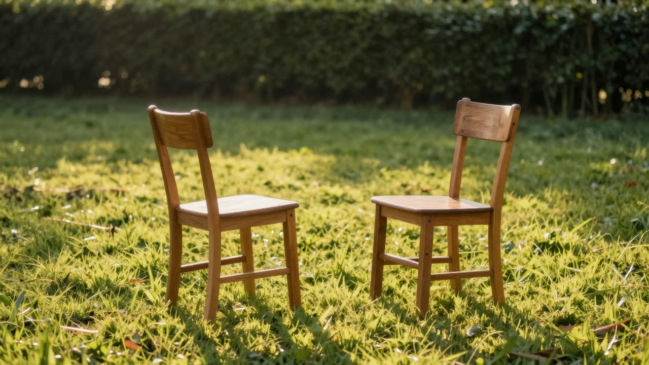 Two empty wooden chairs facing each other on grass in afternoon light
