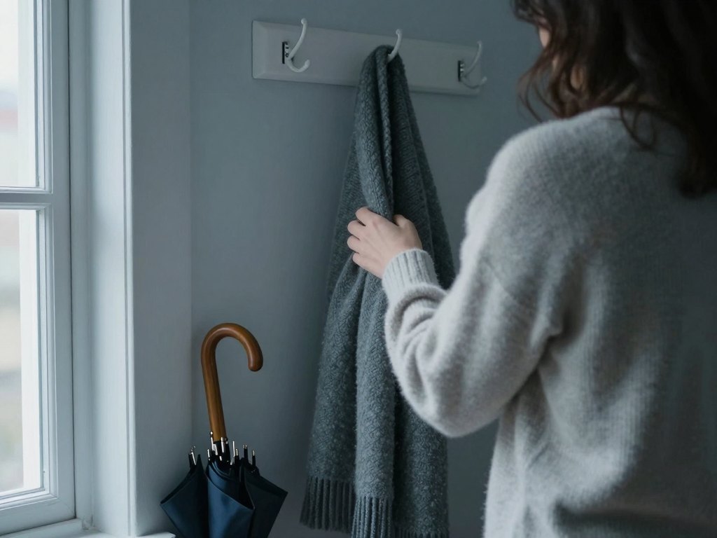 Person seen from behind taking a scarf from a hook in a hallway