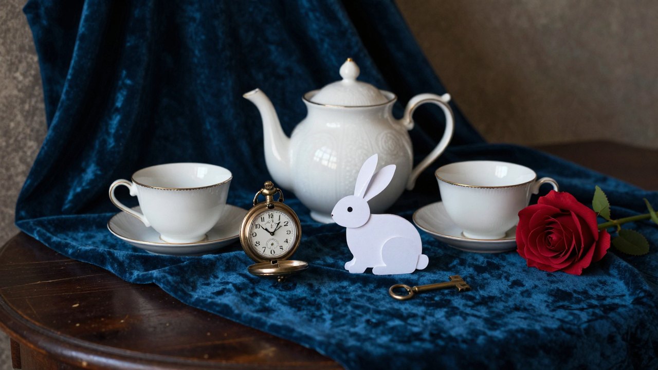 Teapot, teacups, paper rabbit, red paper rose and small brass key on blue velvet