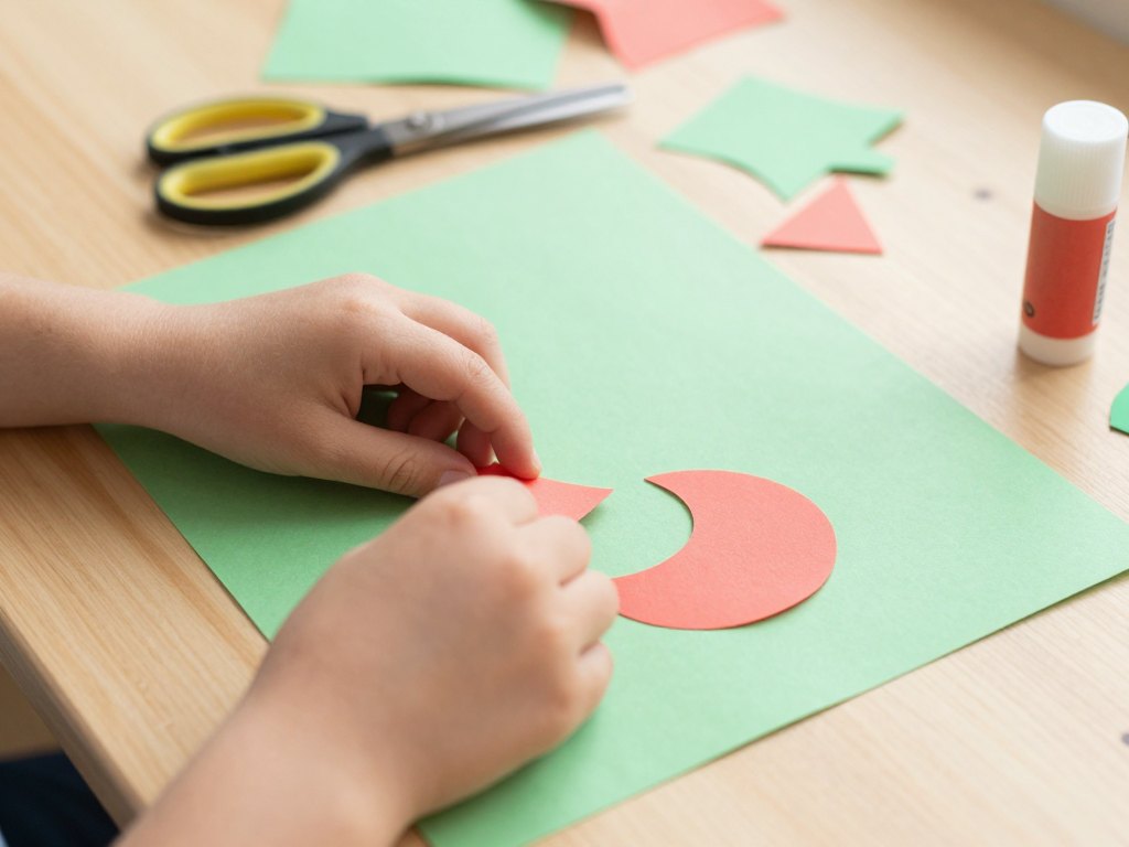 Child's hands arranging colorful paper cut-outs on craft paper at a wooden table