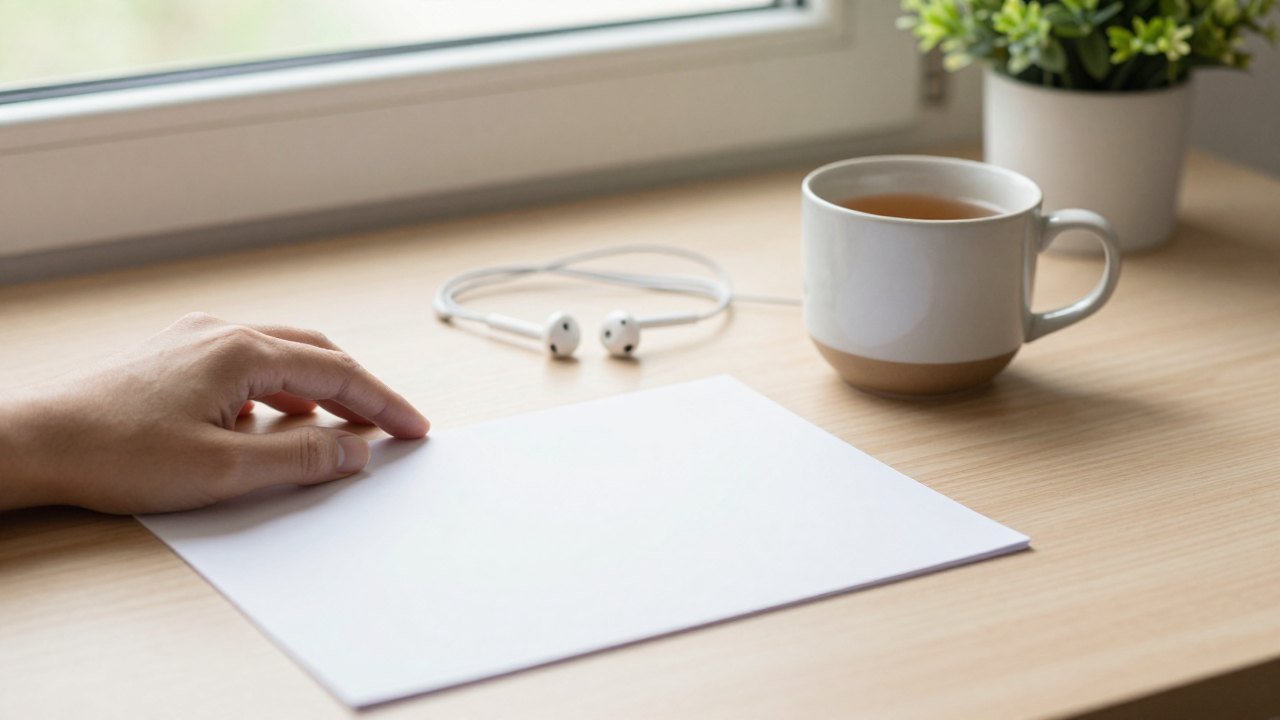 Hand resting on blank paper beside a mug of tea, earphones and a plant on a desk